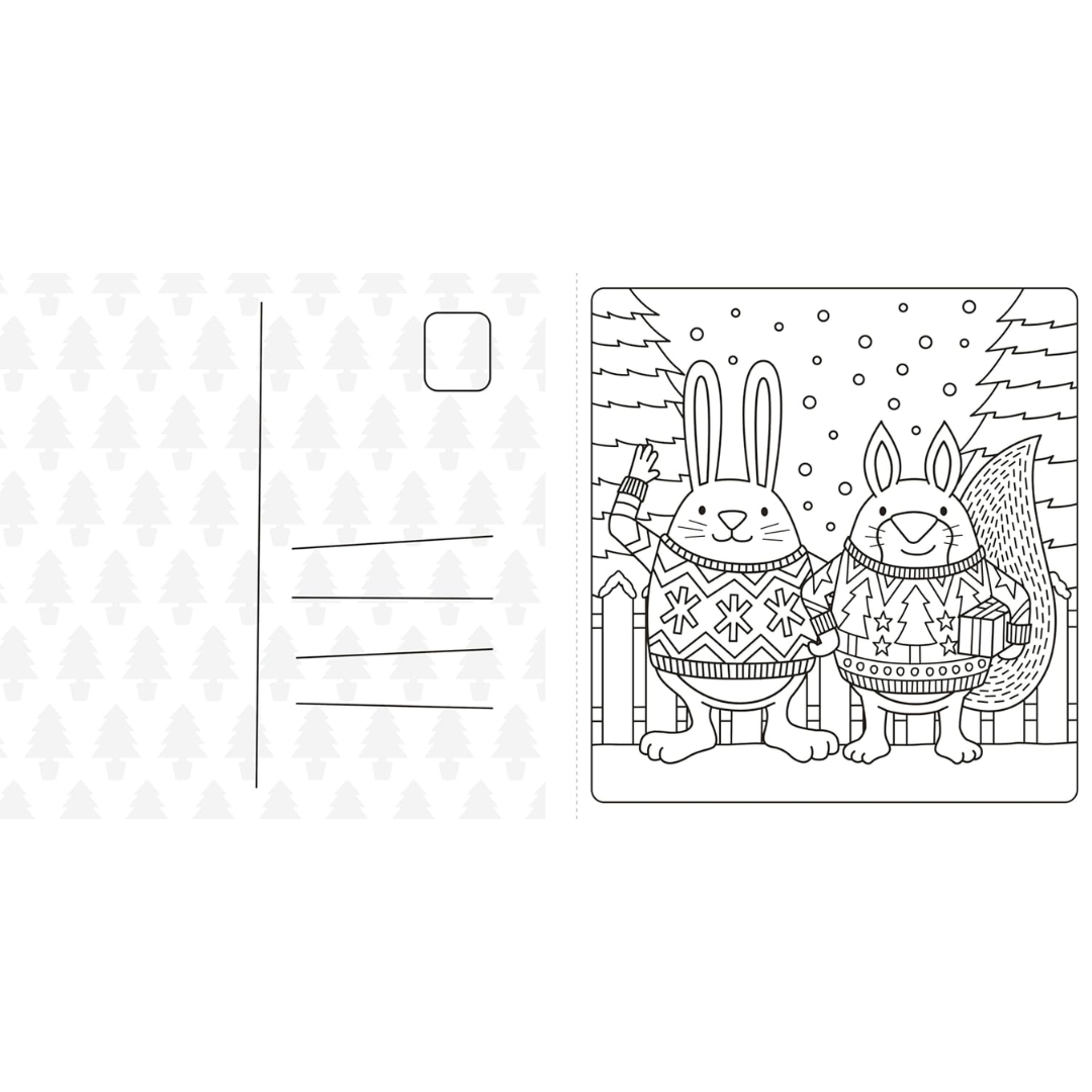 Cartoon of a rabbit and fox wearing sweaters with a snowy background