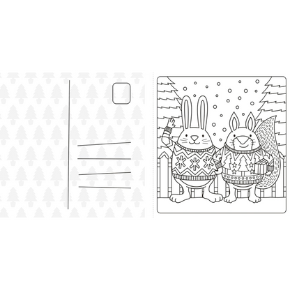Cartoon of a rabbit and fox wearing sweaters with a snowy background