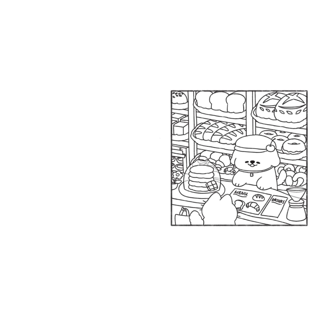 Illustration of a bear character in a bakery with various bread items.