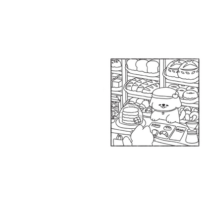 Illustration of a bear character in a bakery with various bread items.