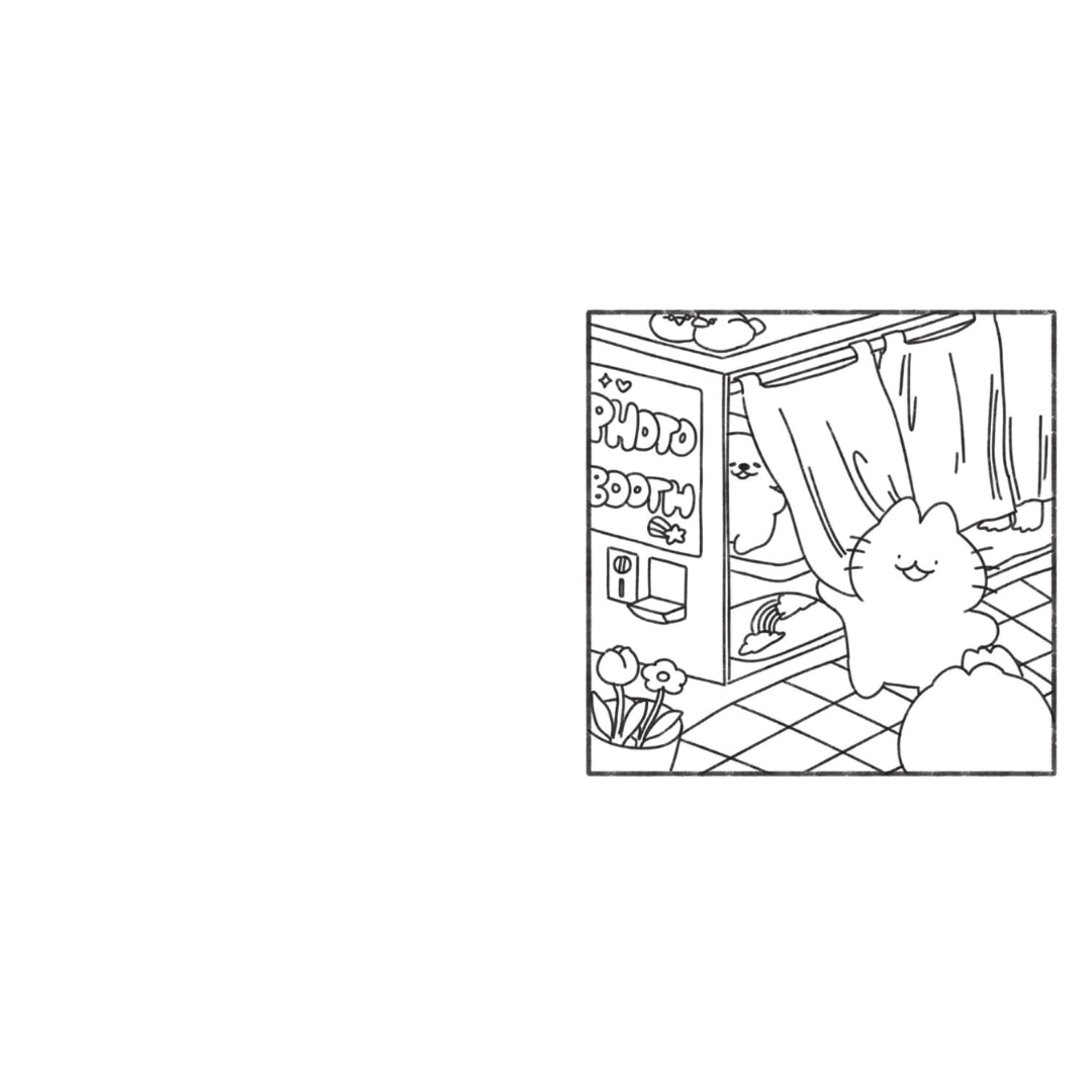 Black and white line drawing of a cat in a photo booth with a 'Photo Booth' sign.