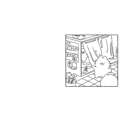 Black and white line drawing of a cat in a photo booth with a 'Photo Booth' sign.