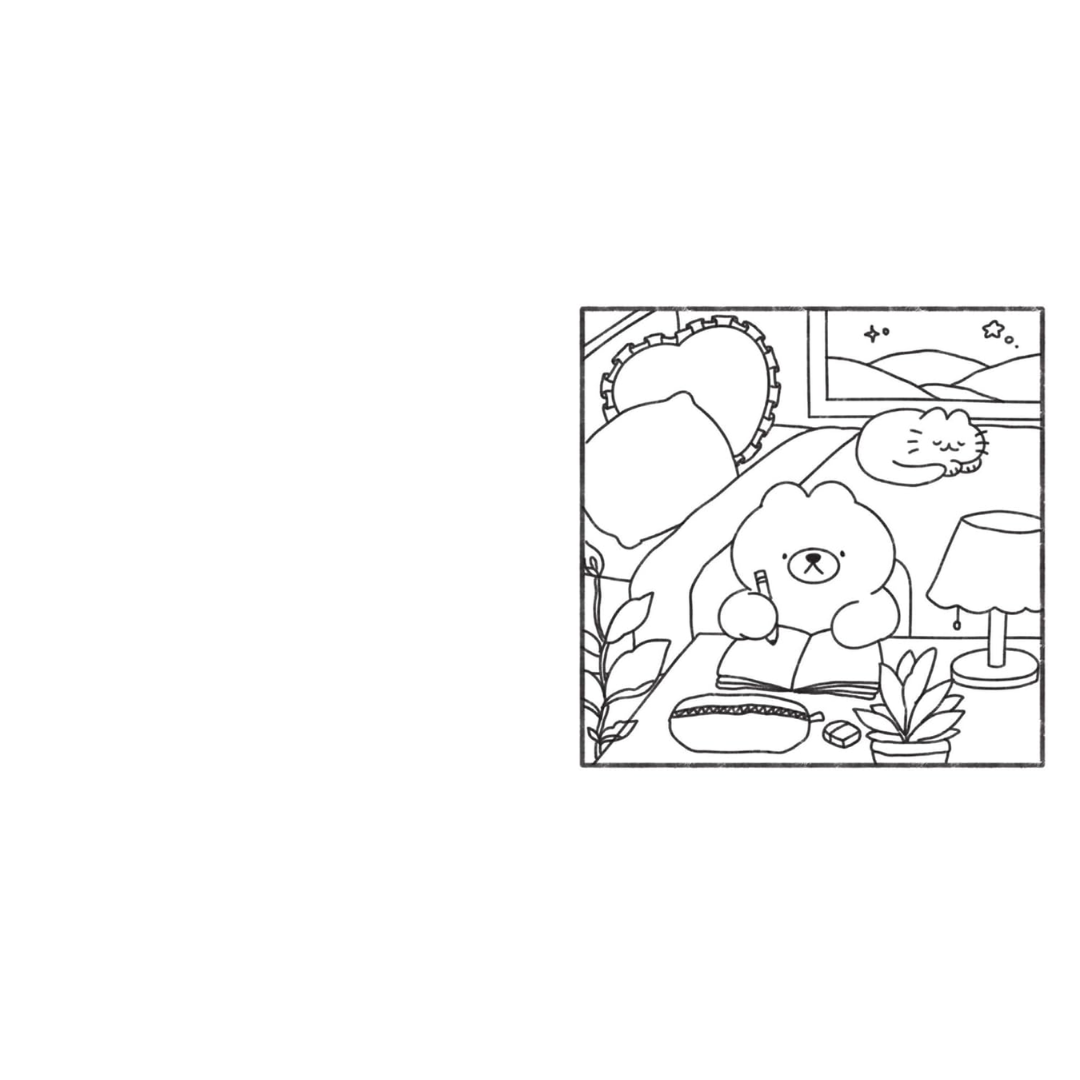 Cartoon character sitting at a table with a scenic background, outlined for coloring.