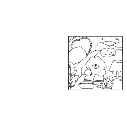 Cartoon character sitting at a table with a scenic background, outlined for coloring.