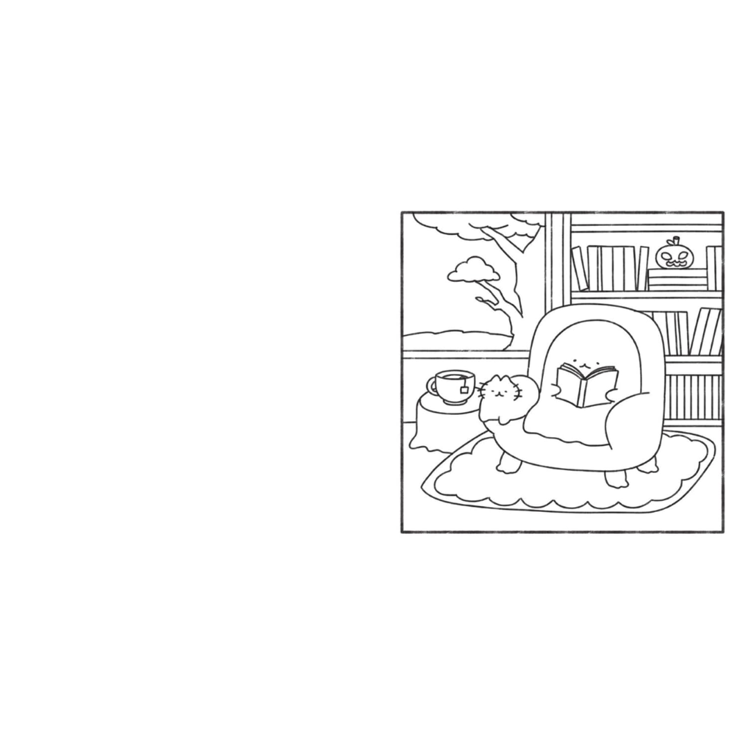 Illustration of a cozy room with a person reading a book, a cat, and a plant.