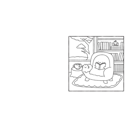 Illustration of a cozy room with a person reading a book, a cat, and a plant.