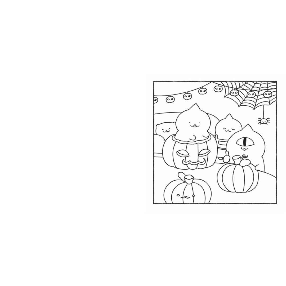 Black and white line drawing of Halloween-themed characters with pumpkins and ghosts on a white background.