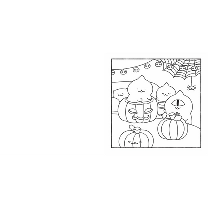 Black and white line drawing of Halloween-themed characters with pumpkins and ghosts on a white background.