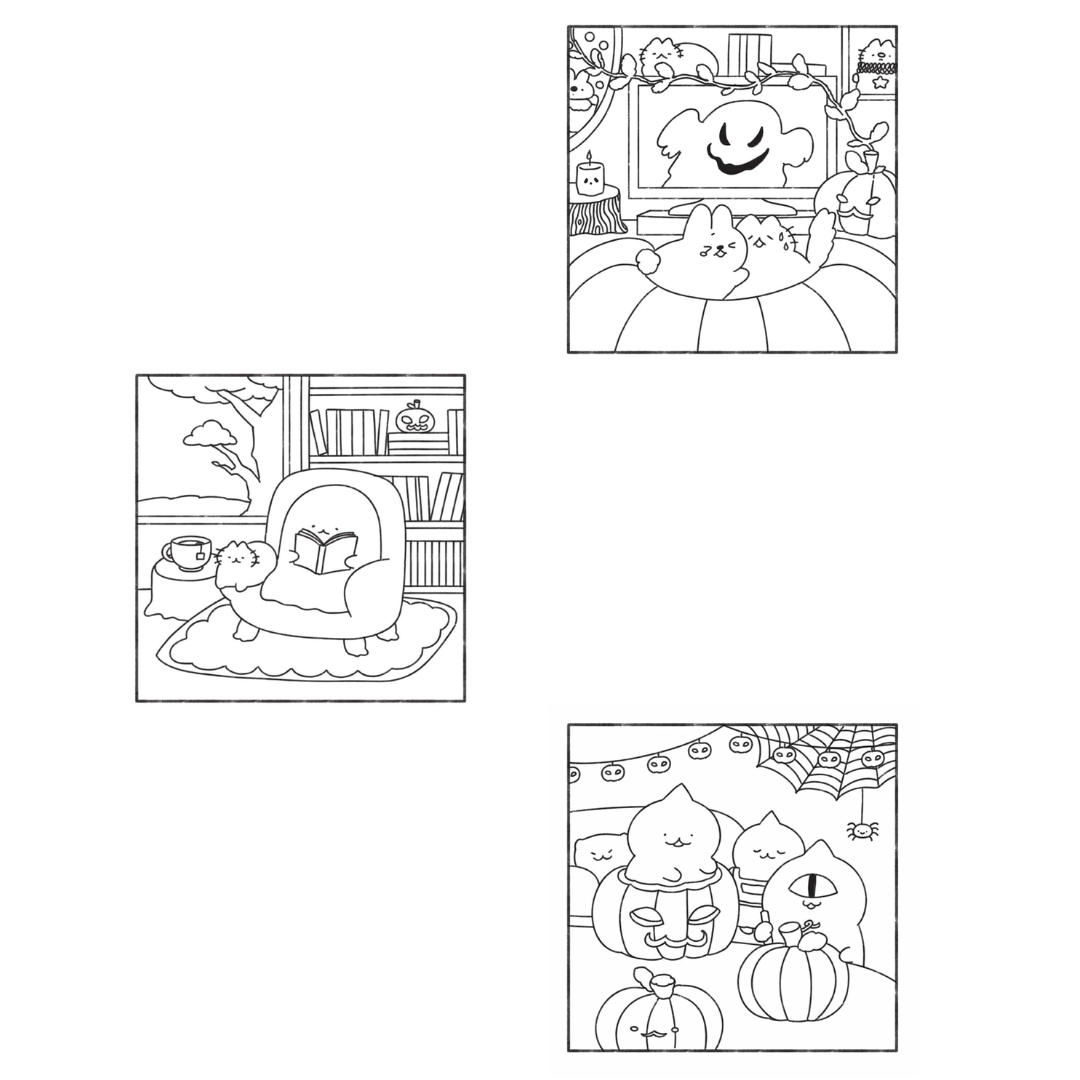 Set of four black and white illustrations featuring cats and pumpkins, likely for coloring.