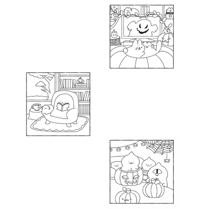Set of four black and white illustrations featuring cats and pumpkins, likely for coloring.
