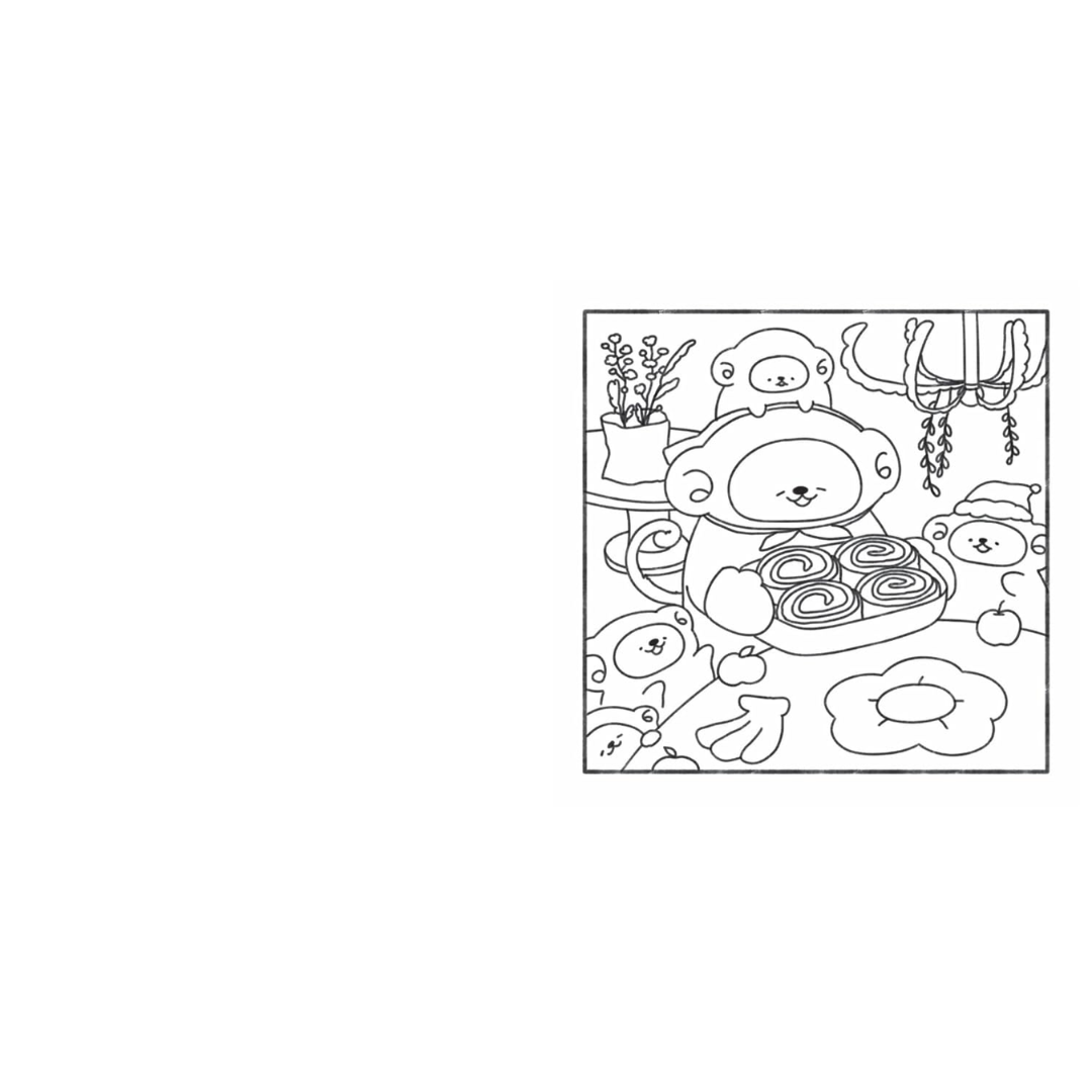 Black and white line drawing of a bear character with a bun in a kitchen setting.
