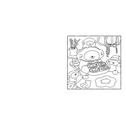 Black and white line drawing of a bear character with a bun in a kitchen setting.