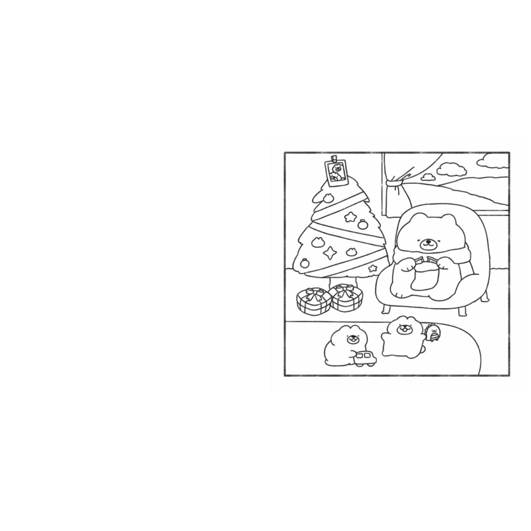 Black and white line drawing of a Christmas scene with a tree, presents, and a reindeer.