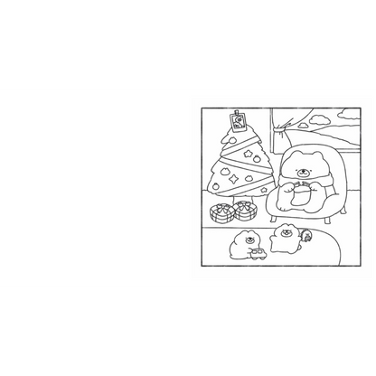 Black and white line drawing of a Christmas scene with a tree, presents, and a reindeer.
