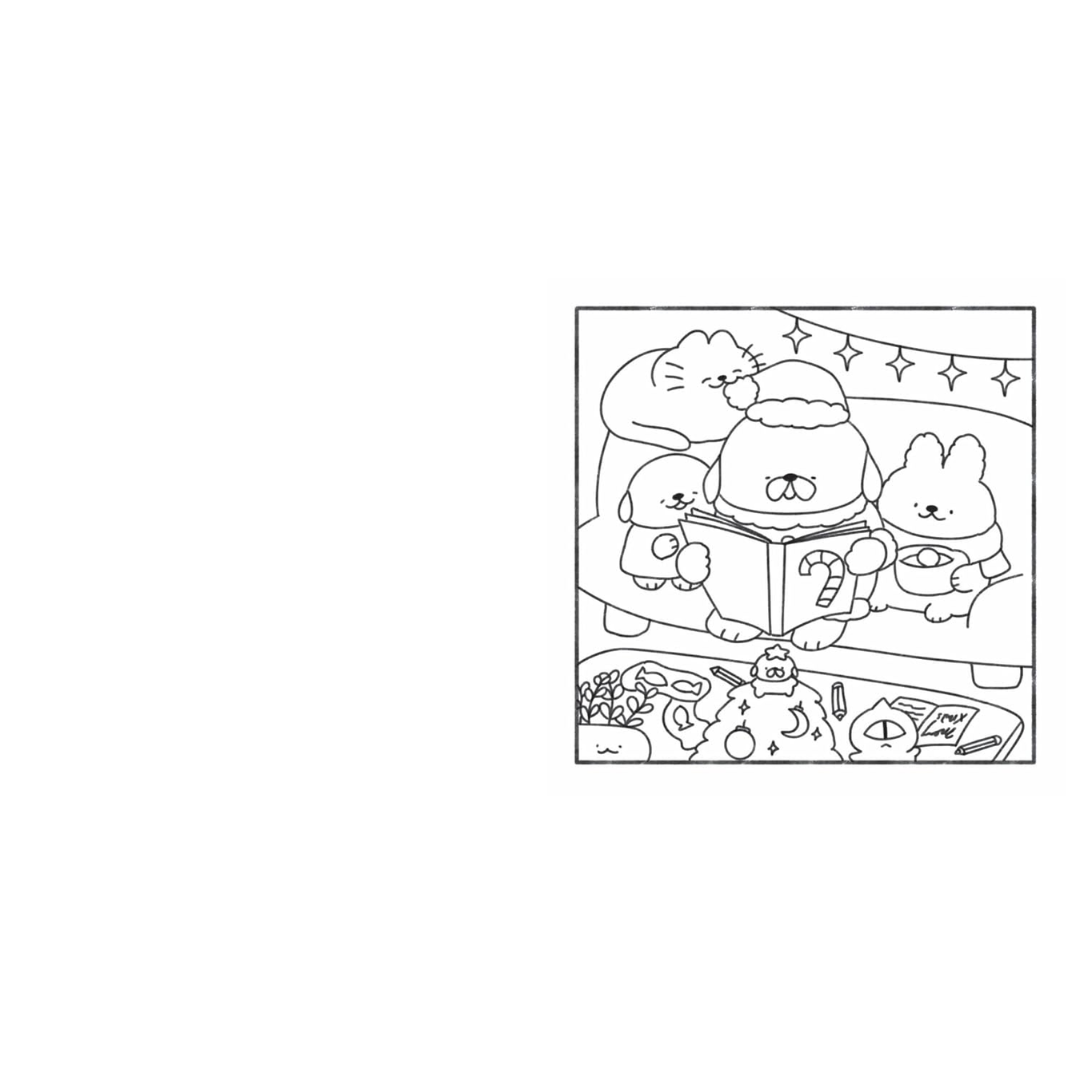 Black and white line drawing of a Christmas scene with Santa Claus, reindeer, and presents.