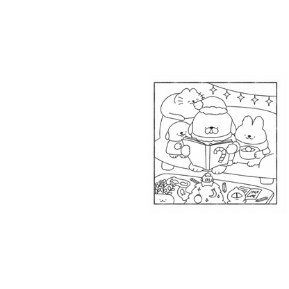 Black and white line drawing of a Christmas scene with Santa Claus, reindeer, and presents.