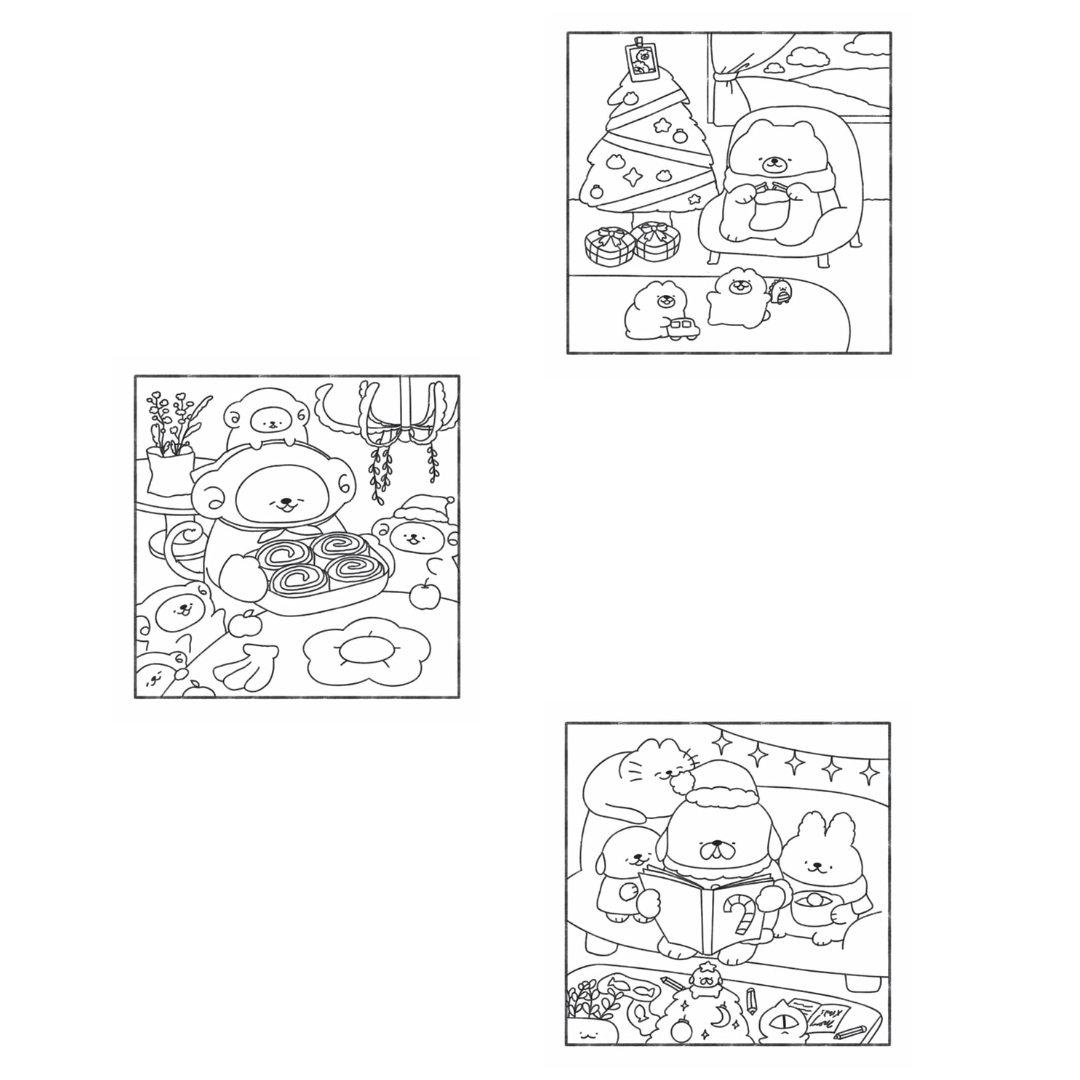 Set of four black and white illustrations featuring a bear character in various scenarios on a white background.