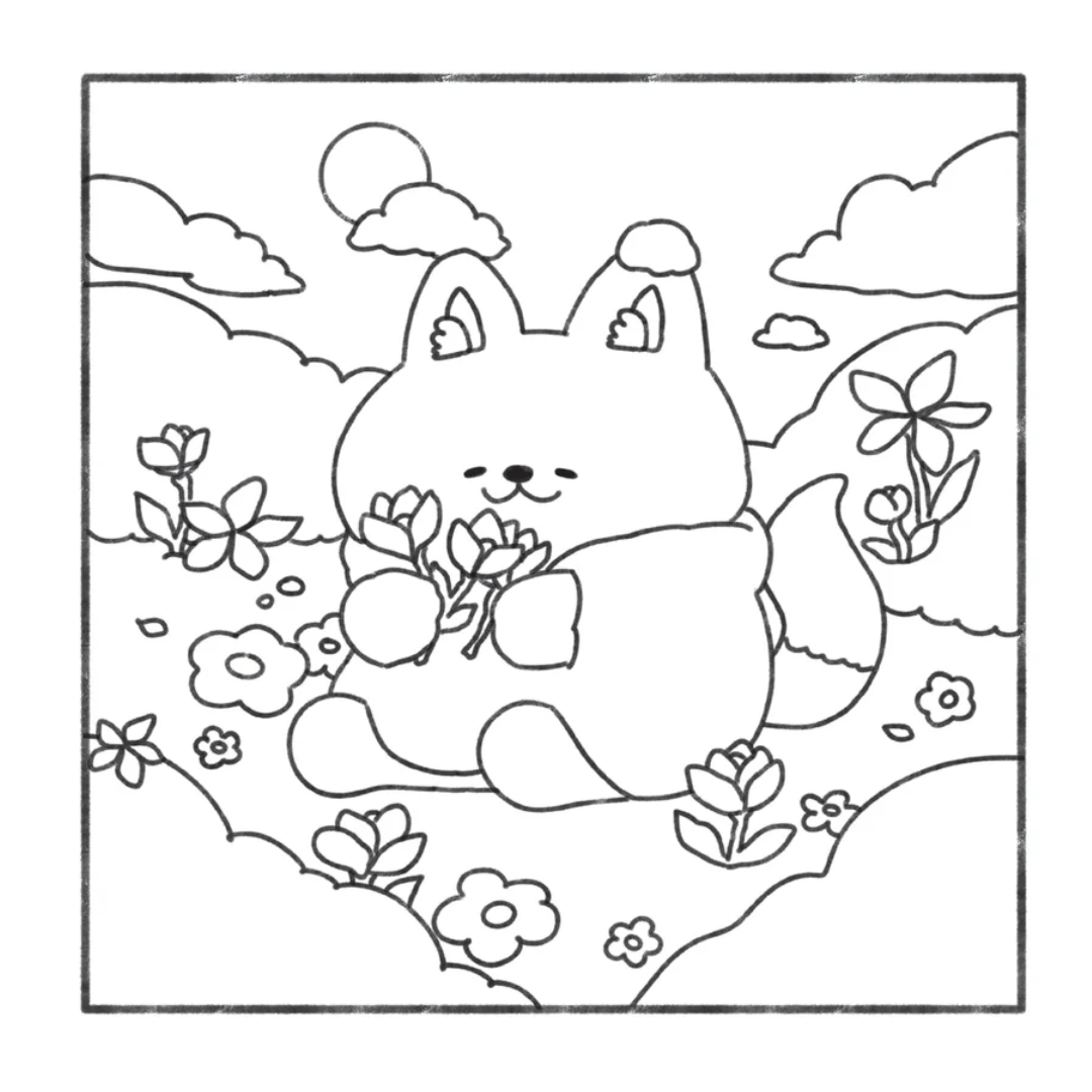 Cartoon squirrel holding flowers in a floral landscape