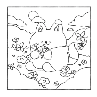 Cartoon squirrel holding flowers in a floral landscape