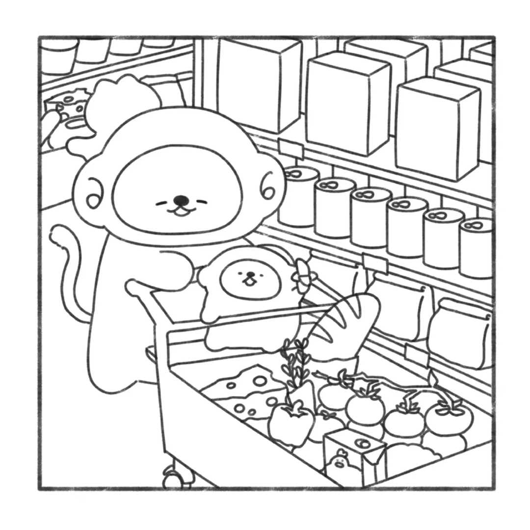 Cartoon character shopping in a grocery store with a shopping cart full of groceries.