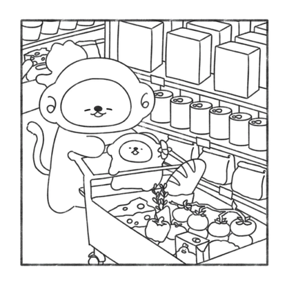 Cartoon character shopping in a grocery store with a shopping cart full of groceries.