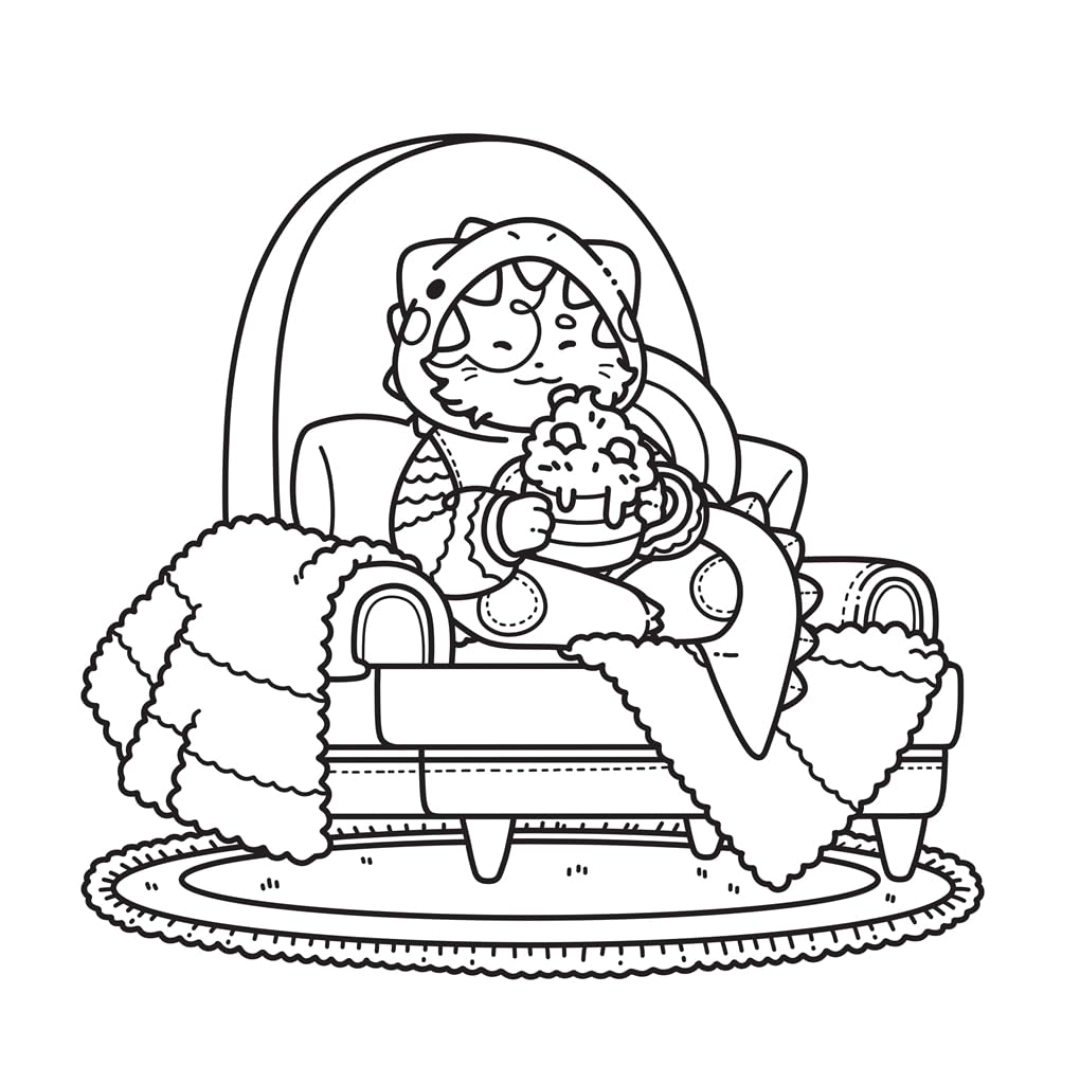 Black and white line drawing of a character in a luxurious chair with a plate of food.