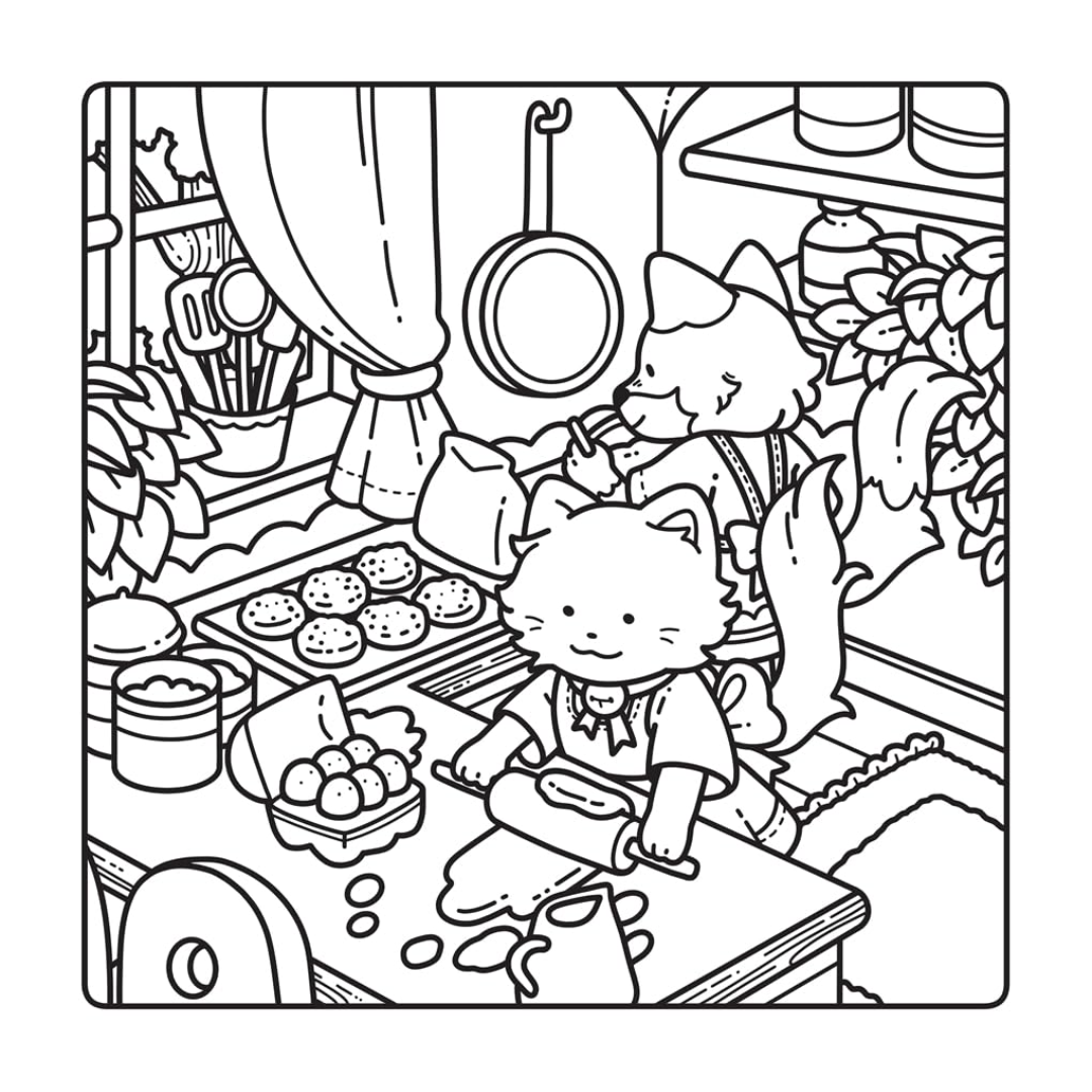 Illustration of two cartoon cats in a kitchen with various kitchen items and food.
