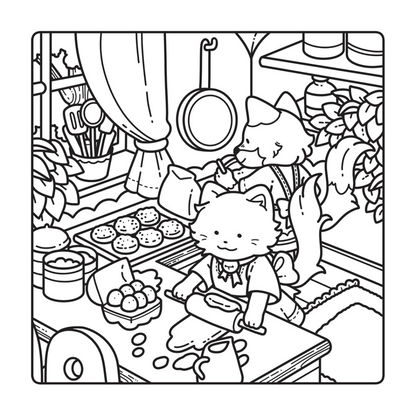 Illustration of two cartoon cats in a kitchen with various kitchen items and food.