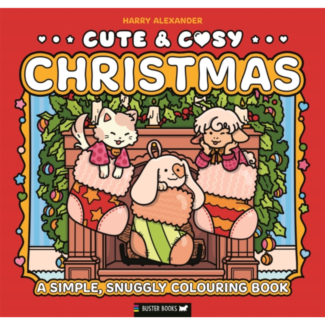 Children's coloring book titled 'Cute & Cosy Christmas' with cartoon characters on a red background.