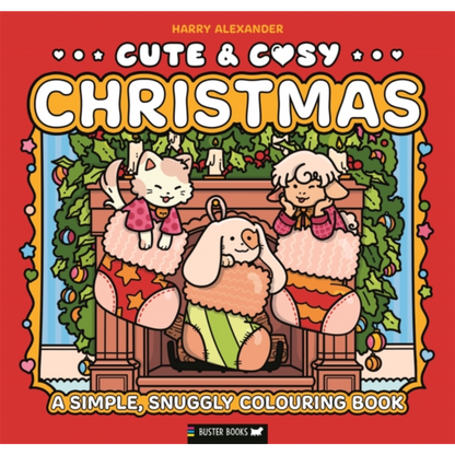 Children's coloring book titled 'Cute & Cosy Christmas' with cartoon characters on a red background.