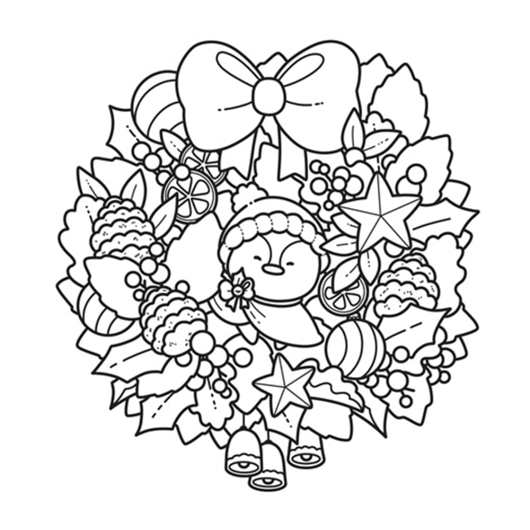 Black and white Christmas-themed wreath with penguin, ornaments, and bow on a white background