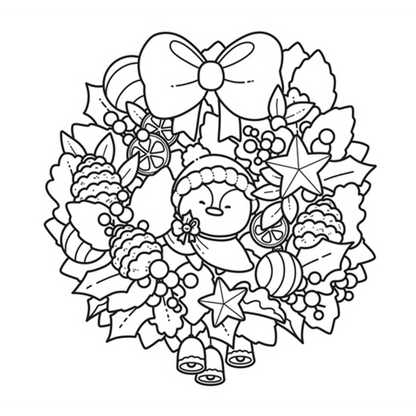 Black and white Christmas-themed wreath with penguin, ornaments, and bow on a white background
