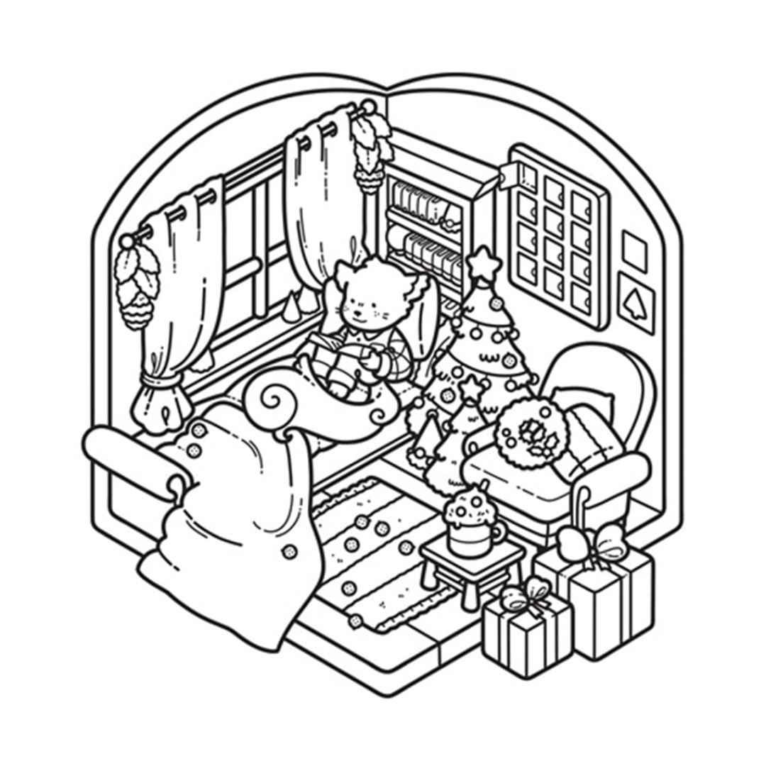 Illustration of a cozy living room with a Christmas tree and presents, black and white.