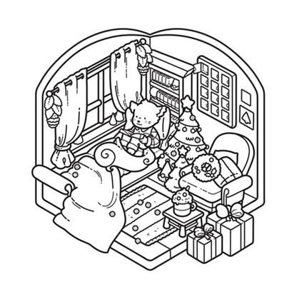 Illustration of a cozy living room with a Christmas tree and presents, black and white.