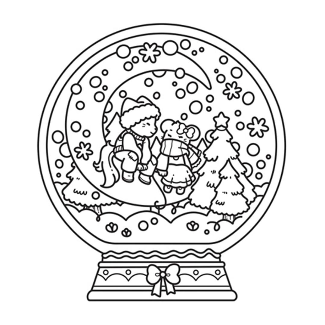 Black and white illustration of a snow globe with a couple and tree inside.