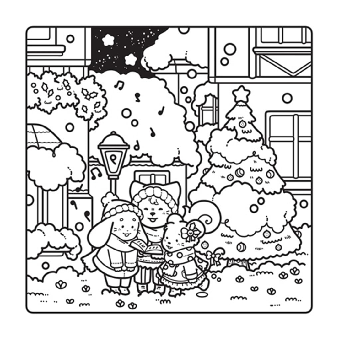 Black and white illustration of two children with a Christmas tree and presents, framed like a window view.