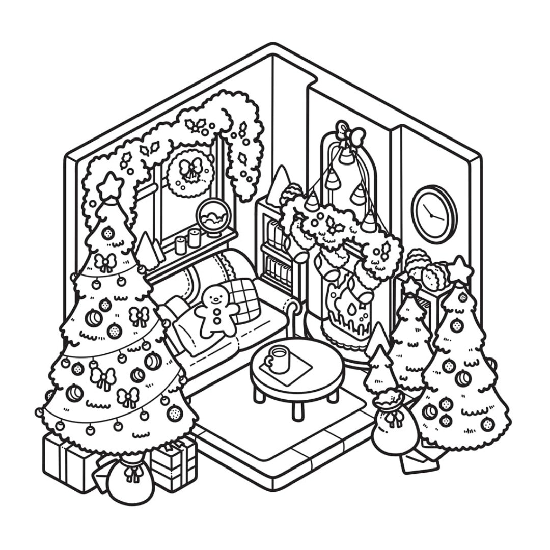 Illustration of a cozy living room decorated for Christmas with trees, presents, and a fireplace.