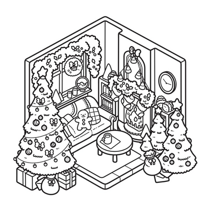 Illustration of a cozy living room decorated for Christmas with trees, presents, and a fireplace.