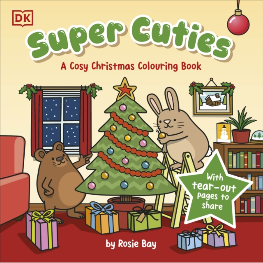 Book cover of 'Super Cuties: A Cosy Christmas Colouring Book' with cartoon animals around a Christmas tree.