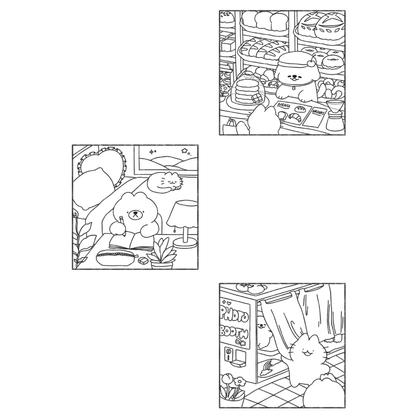 Set of four black and white illustrations of a bear in various settings.