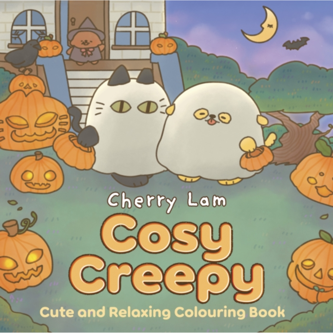 Cover of 'Cosy Creepy' coloring book by Cherry Lam with cartoon cats and pumpkins.