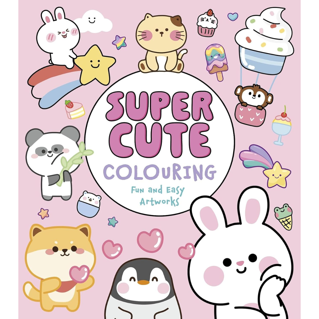 Cover of a coloring book titled 'Super Cute Colouring' with cartoon animals and objects on a pink background.