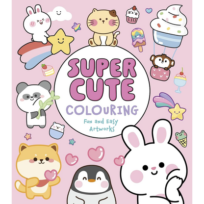 Cover of a coloring book titled 'Super Cute Colouring' with cartoon animals and objects on a pink background.