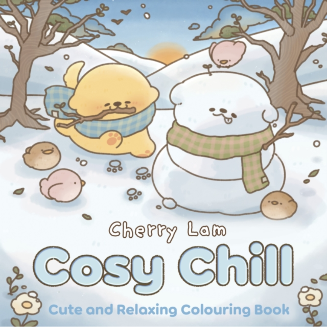 Cover of 'Cosy Chill' coloring book by Cherry Lam with two cartoon characters in a snowy scene.