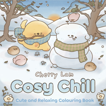 Cover of 'Cosy Chill' coloring book by Cherry Lam with two cartoon characters in a snowy scene.