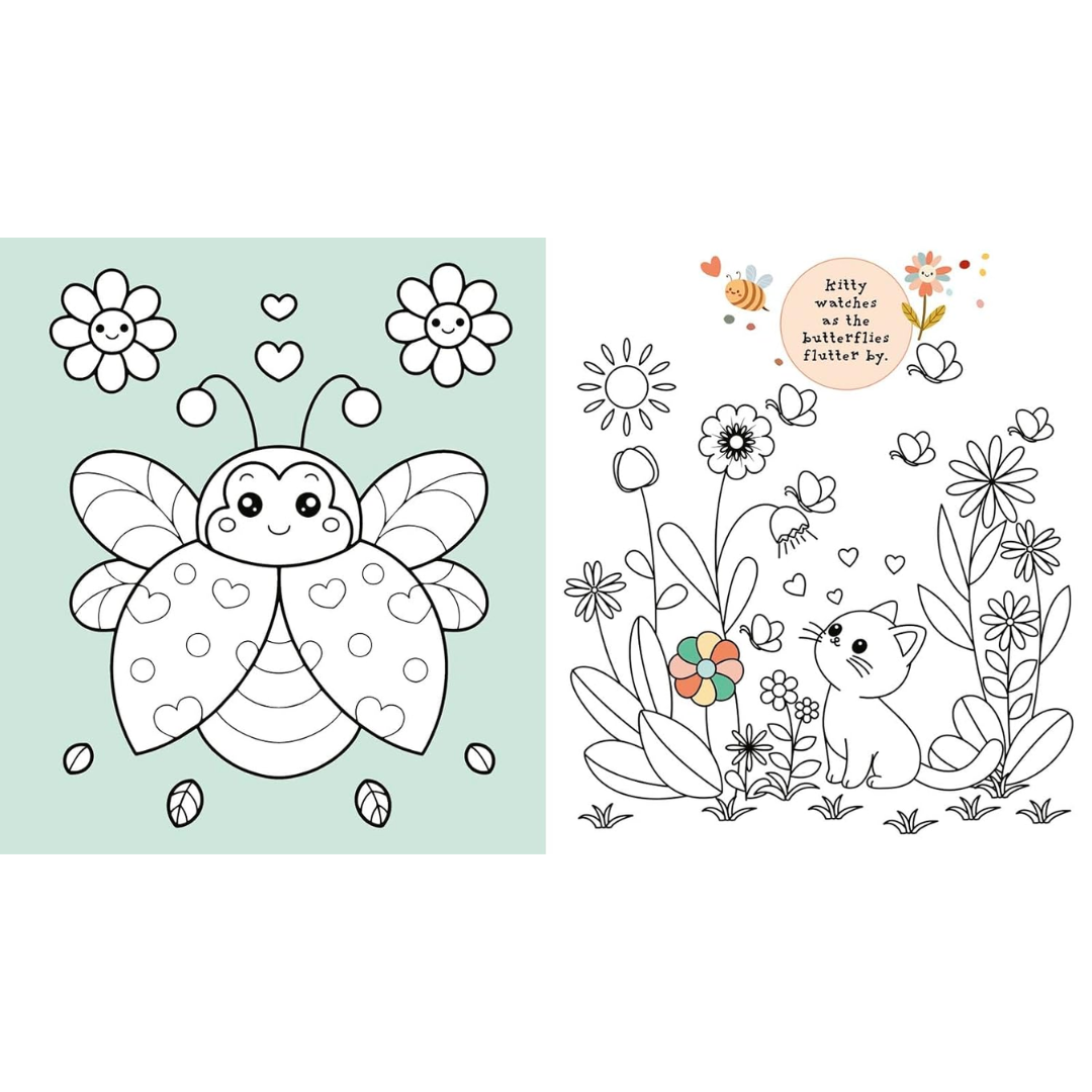 Coloring book page with a butterfly and a cat among flowers on a white background.