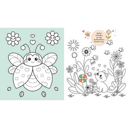 Coloring book page with a butterfly and a cat among flowers on a white background.