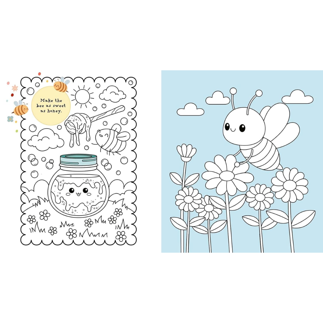 Coloring book page with bee and honey jar illustration on the left, and a bee on flowers on the right.