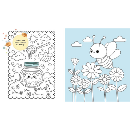 Coloring book page with bee and honey jar illustration on the left, and a bee on flowers on the right.