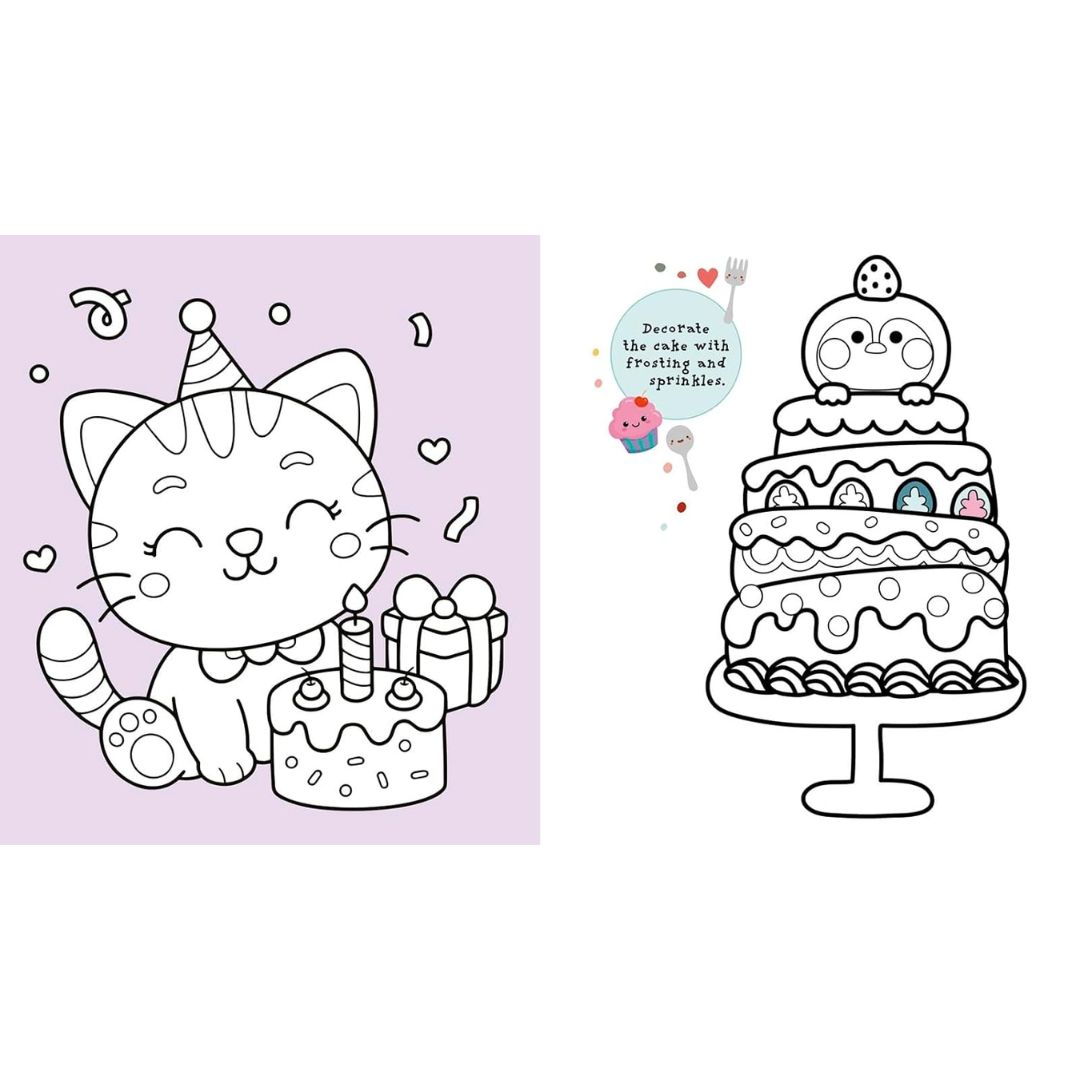 Illustration of a cat with a birthday cake and a decorated cake on a white background